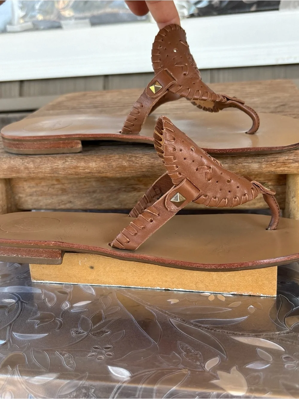 Jack Rogers Brown Leather T-Strap Sandals with Stud Detail 10 M